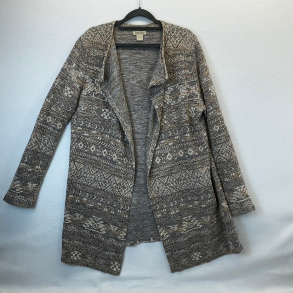Lucky Brand Aztec Cardigan Duster Sweater Open Front Gray Tan Bohemian Boho L